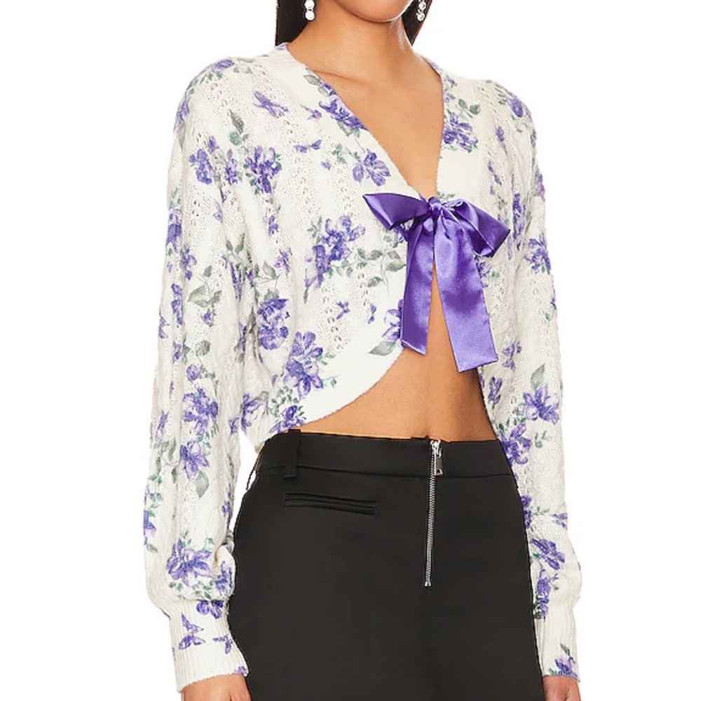 MAJORELLE Floral Cardigan with Purple Bow